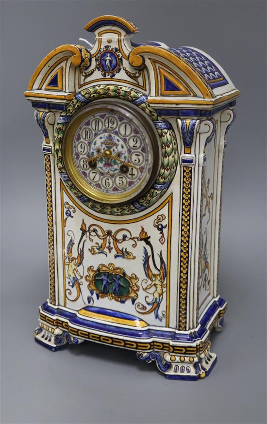 A Gien faience mantel clock, c.1900 height 39cm